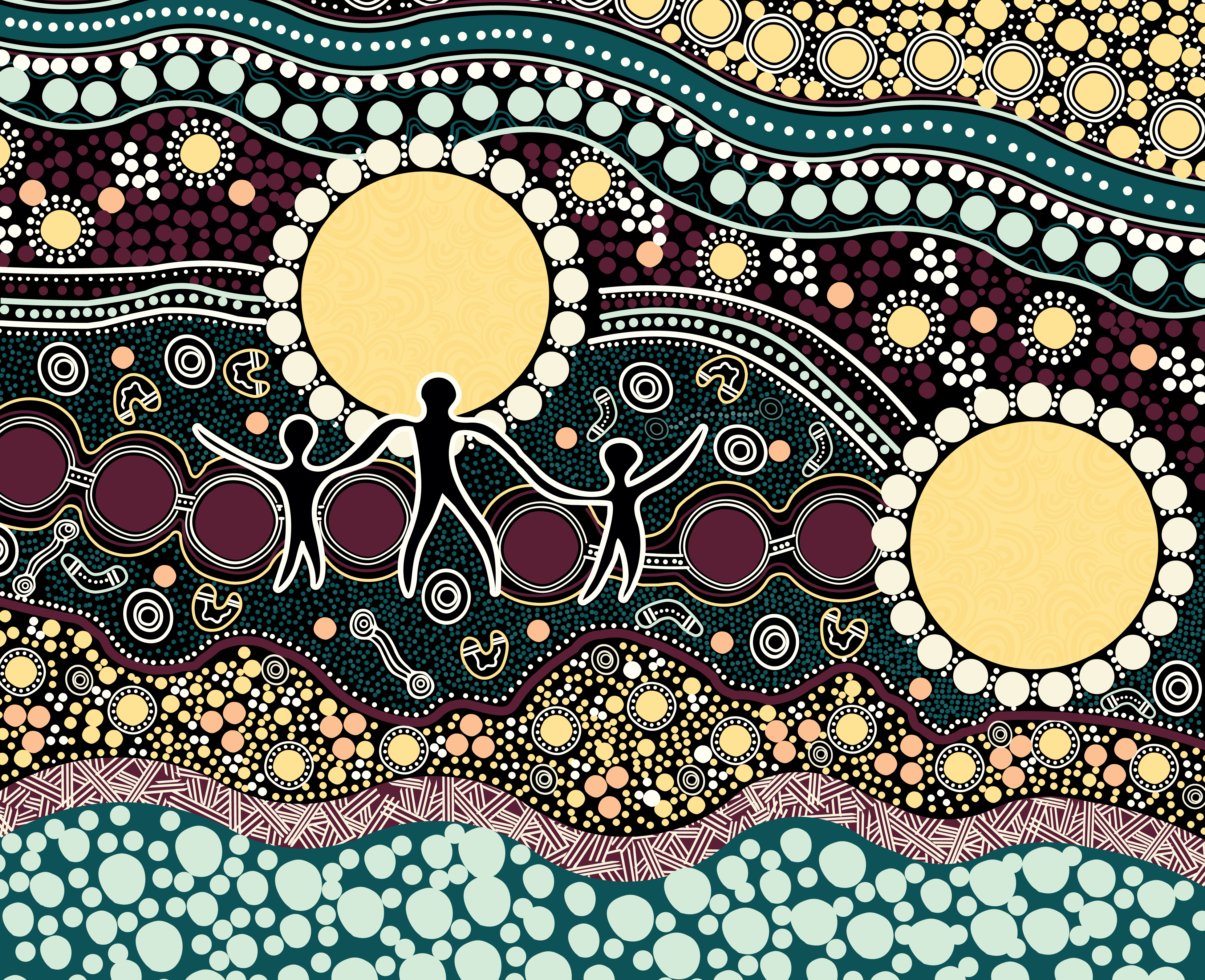 This artwork reflects a parent being supported on their journey towards their future goals. The future shines bright, built on guidance, support, listening and mentoring to achieve goals and aspirations.