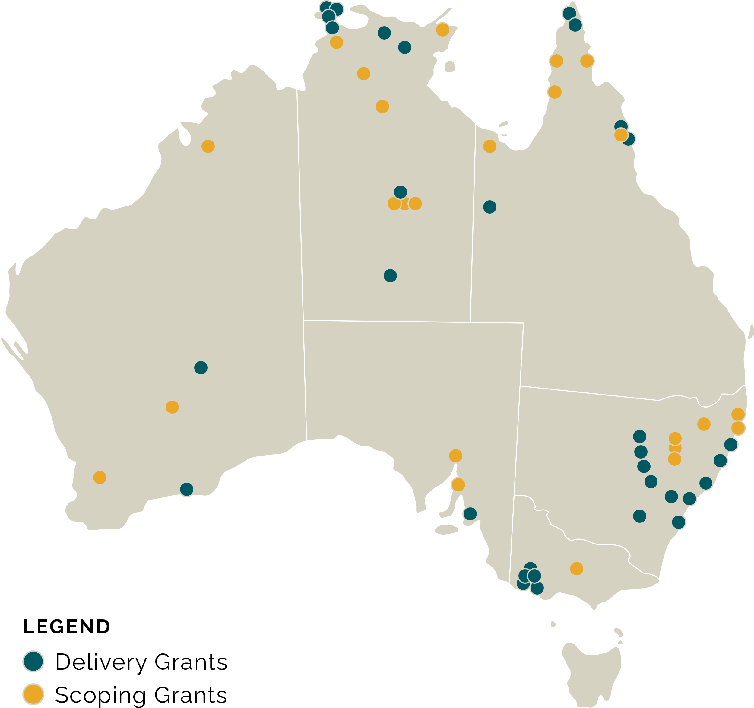 Map showing locations of grants