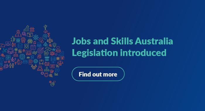Map of Australia made out of a range of icons with text Jobs and Skills Australia Leglislation introduced - Find out more