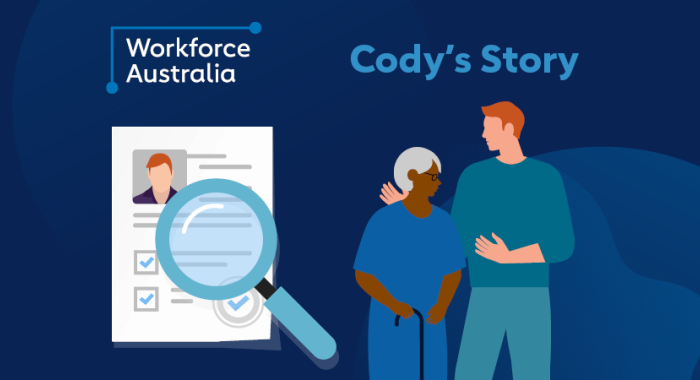 The words "Workforce Australia – Cody's Story" appear above the vector artwork of a resume being scanned by a magnifying glass, with an elderly woman and young man in conversation next to it.