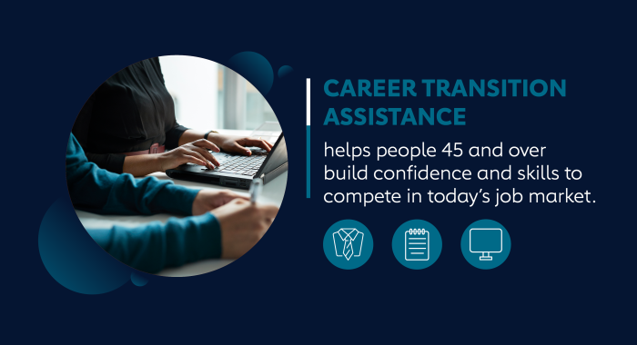A banner that shows two people sitting at a at desk, with one typing on a laptop. Next to the picture is a is text that reads, "Career Transition Assistance helps people 45 and over build confidence and skills to compete in today's job market.
