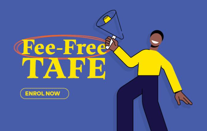 Fee-Free TAFE logo in yellow on a blue background.