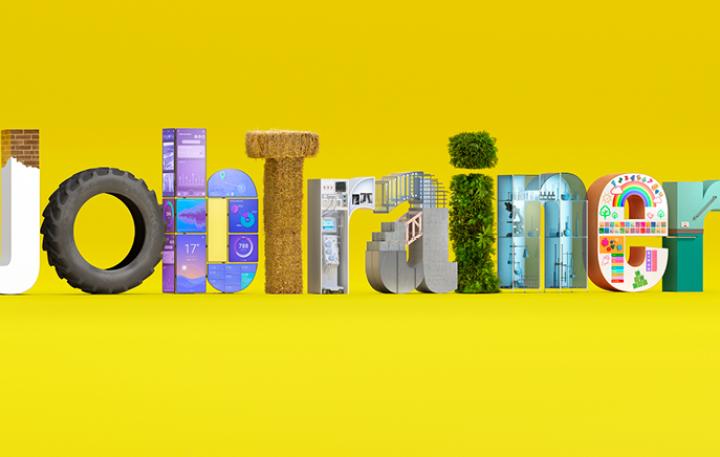 JobTrainer campaign logo. Each letter represents a different industry including agriculture, trades, IT, health and aged care.