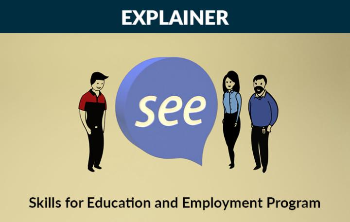Heading with text Explainer one person to the left and two people to the right of the Skills for Education and Employment Program logo