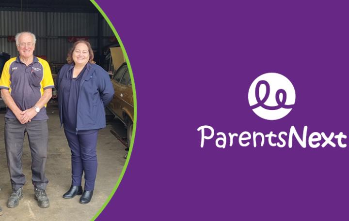 Bronwen stands with boss Graeme and CVGT Consultant Tracy in car workshop