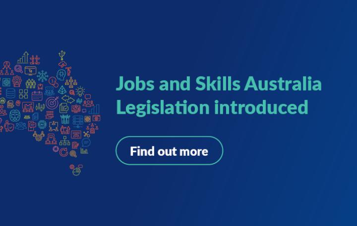 Map of Australia made out of a range of icons with text Jobs and Skills Australia Leglislation introduced - Find out more