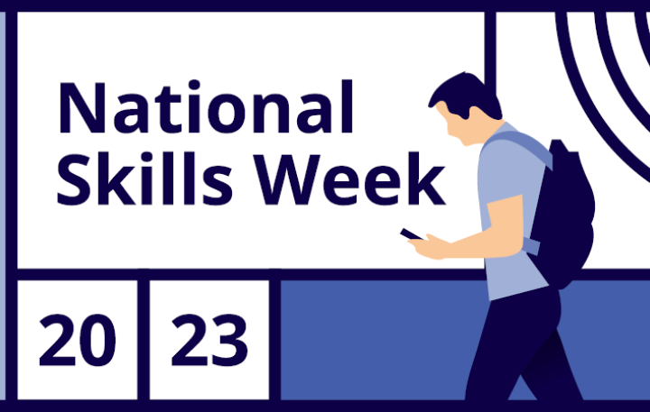 Illustration of a person looking at their phone while walking. A banner above says National Skills Week 2023.