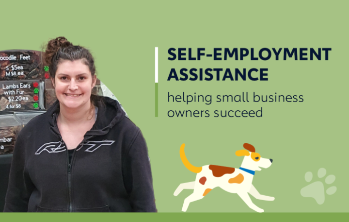 Self-Employment Assistance participant, Merridy Williamson standing in front of her dog treats