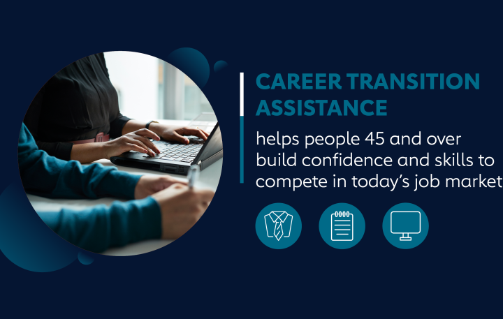 A banner that shows two people sitting at a at desk, with one typing on a laptop. Next to the picture is a is text that reads, "Career Transition Assistance helps people 45 and over build confidence and skills to compete in today's job market.
