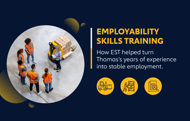 A picture of people standing in a circle in a workshop holding a meeting. Next to the picture is text that reads, "Employability Skills Training How EST helped turn Thomas's years of experience into stable employment.