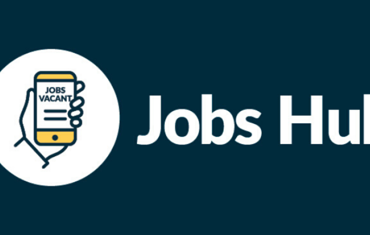 Drawn image of a hand holding a smartphone with the words “Jobs Vacant” on screen, accompanied by the headline “Jobs Hub”