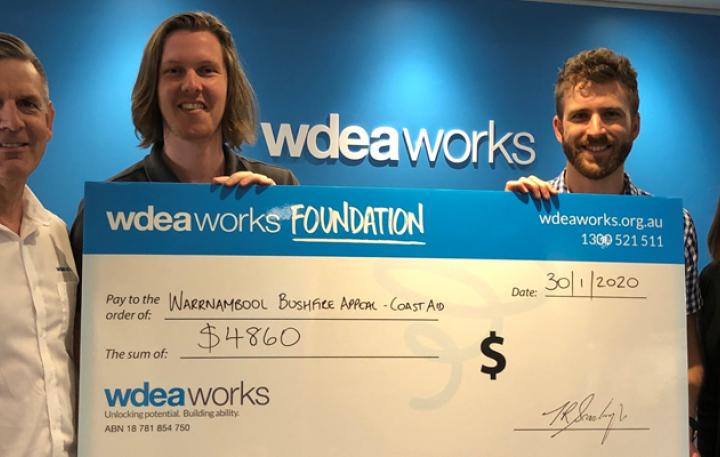 WDEA Works CEO Tom Scarborough, CoastAid Garry Roberts and Tom O’Connor, and WDEA Works Director of Communications and Engagement Andrea Hogan present a fundraising cheque to the Warrnambool bushfire appeal