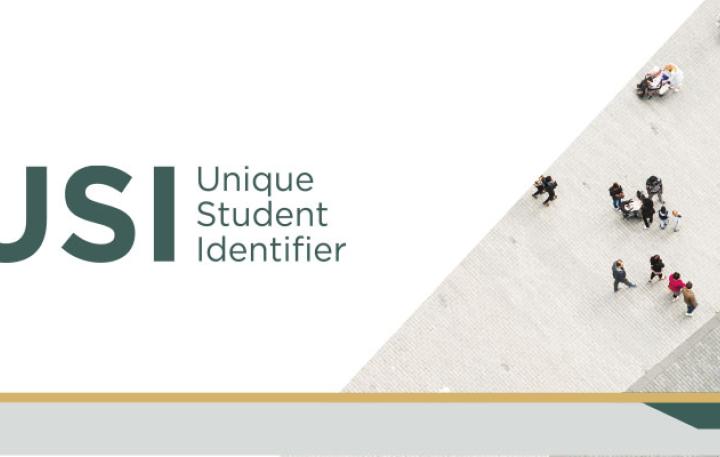 The headline “USI: Unique Student Identifier” is shown, along with a birds-eye view of students walking through a common area. 