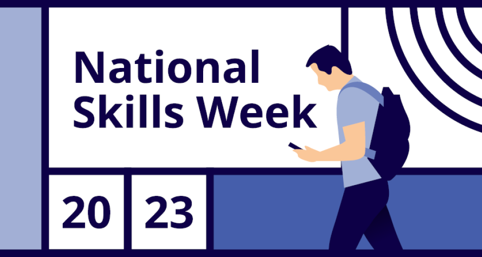 Illustration of a person looking at their phone while walking. A banner above says National Skills Week 2023.