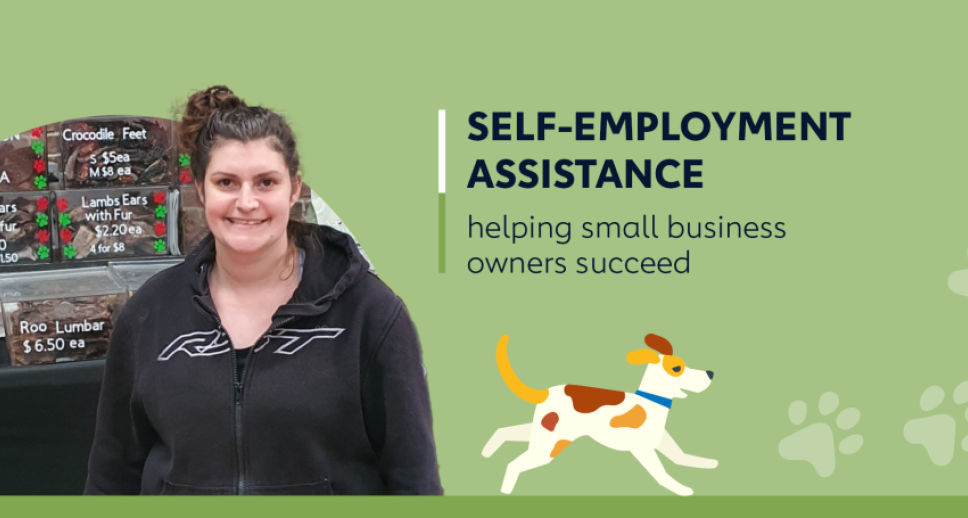 Self-Employment Assistance participant, Merridy Williamson standing in front of her dog treats