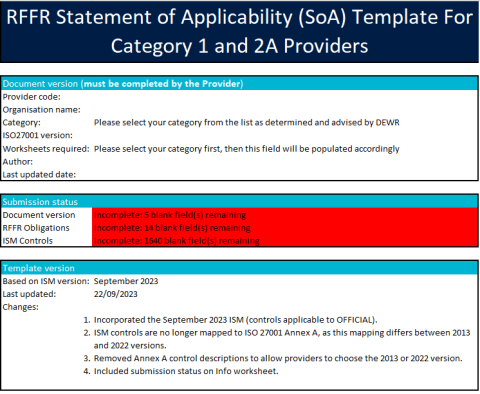 Screenshot of RFFR Statement of Applicability (SoA) Template
