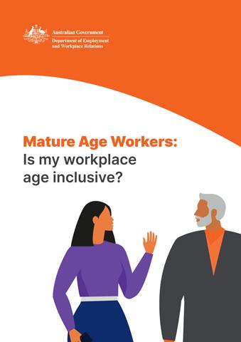 Vectot art of a red-headed woman and a grey bearded man facing each other in a discussion. The title above them reads "Mature Age Workers: Is my workplace age inclusive?"".