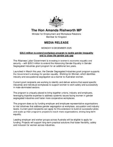 Twenty-eight million dollars to extend workplace program to tackle gender inequality and to close the gender pay gap (FED).pdf