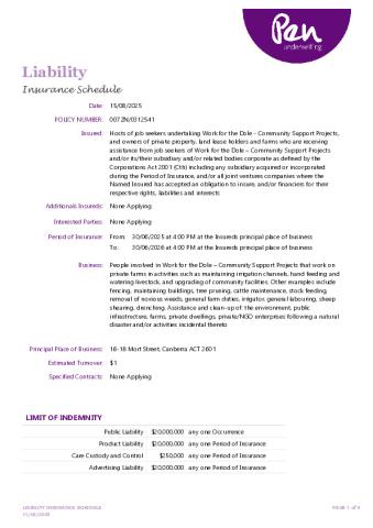 Public and Products Liability Insurance for Hosts of Work for the Dole Community Supports - Policy Schedule 2025.26.pdf