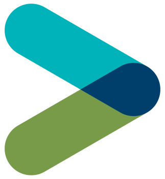 Teal and green elongated pills combined to make up the greater-than symbol