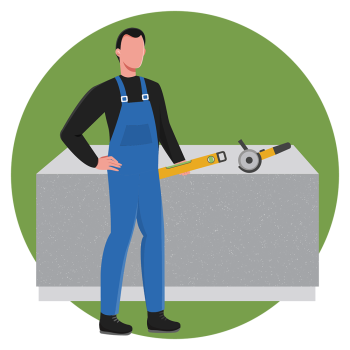 Man in blue overalls holding spirit level in front of a stone bench with green background