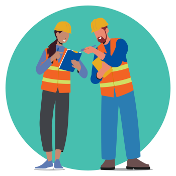 Two people in high viz vest and hard hats talking in front of green background