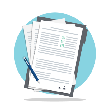 Vector art of 3 documents stacked up with a circular baby blue background