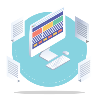 A white desktop computer resembling an iMac with a keyboard and wireless mouse viewed from above in an isometric perspective, surrounded by 4 inward facing documents circling around it with a circular baby blue background