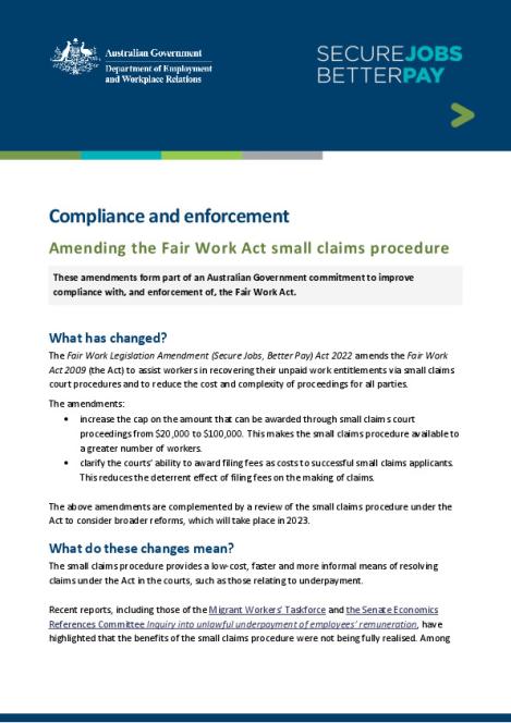 Compliance and enforcement - Amending the Fair Work Act small claims process.pdf