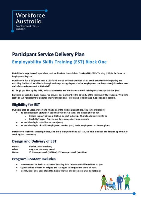 EST Service Delivery Plan - QLD - Somerset - Karingal St Laurence Limited (MatchWorks) (Participant - Block 1).pdf