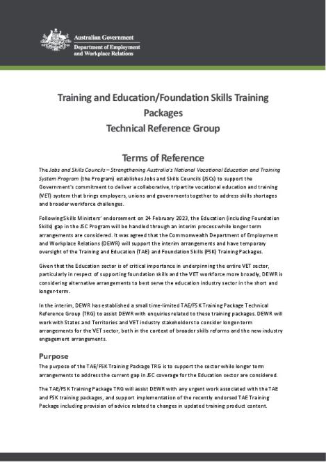 Training and Education – Foundation Skills Training Packages – Technical Reference Group – Terms of Reference.pdf