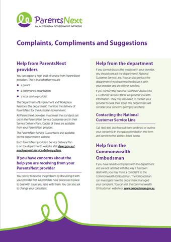 Thumbnail image of the cover of the document 'ParentsNext Complaints, Compliments and Suggestions Form'.