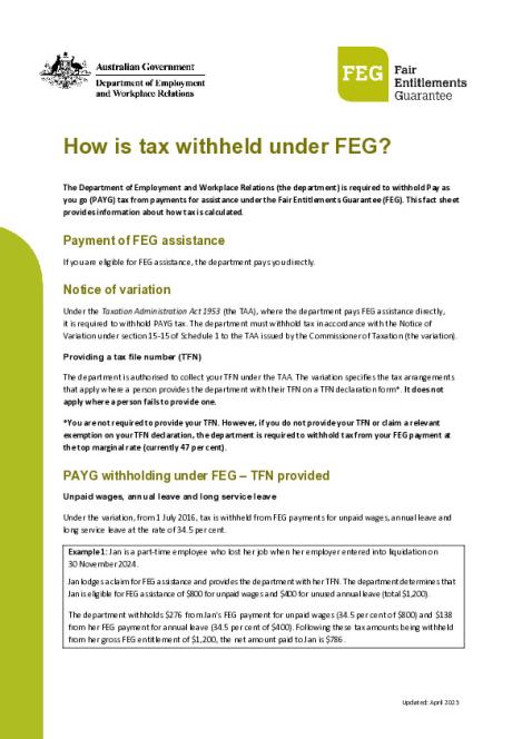 How is tax withheld under FEG factsheet (2025-26).pdf