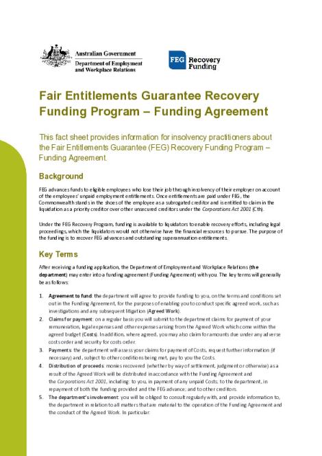 FEG Recovery Program – Funding Agreement Fact sheet - Department of ...