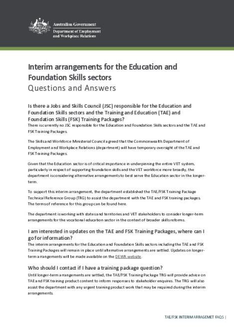 Interim arrangements for the TAE and FSK training packages – Questions and Answers.pdf