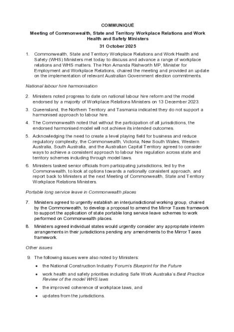 Workplace Relations and Work Health and Safety Ministers' Meeting Communique - 31 October 2025.pdf