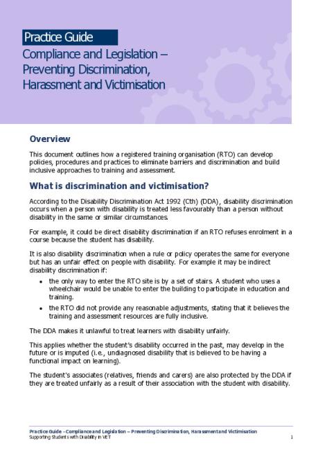 Practice Guide - Compliance and Legislation - Preventing Discrimination, Harassment and Victimisation.pdf