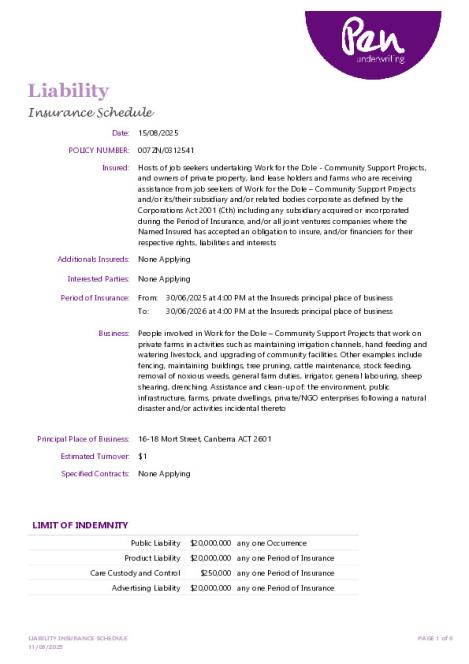 Public and Products Liability Insurance for Hosts of Work for the Dole Community Supports - Policy Schedule 2025.26.pdf
