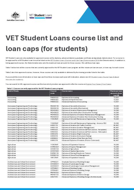 VET Student Loans Course List and Loan Caps (for students) - Department ...