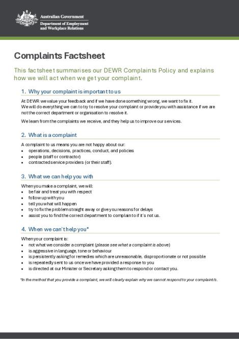 2026-27 DEWR Complaints Management Policy - Factsheet (Final).pdf