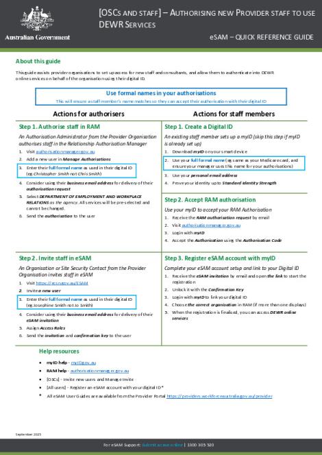 eSAM Quick Reference Guide – Authorising new Provider staff to use DEWR services.pdf